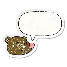 Cartoon Happy Bear Face And Speech Bubble Distressed Sticker Stock Photo