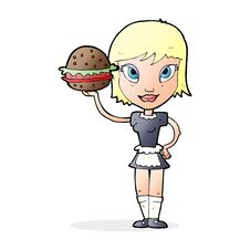 Cartoon Waitress With Burger Royalty Free Stock Photos