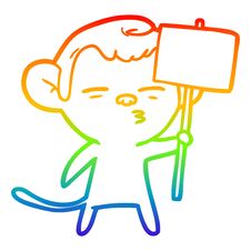 Rainbow Gradient Line Drawing Cartoon Suspicious Monkey With Signpost Stock Images