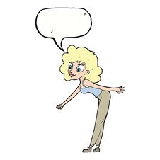 Cartoon Woman Reaching To Pick Something Up With Speech Bubble Stock Image
