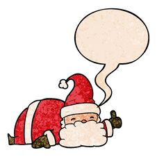 Cartoon Sleepy Santa Giving Thumbs Up Symbol And Speech Bubble In Retro Texture Style Stock Photo