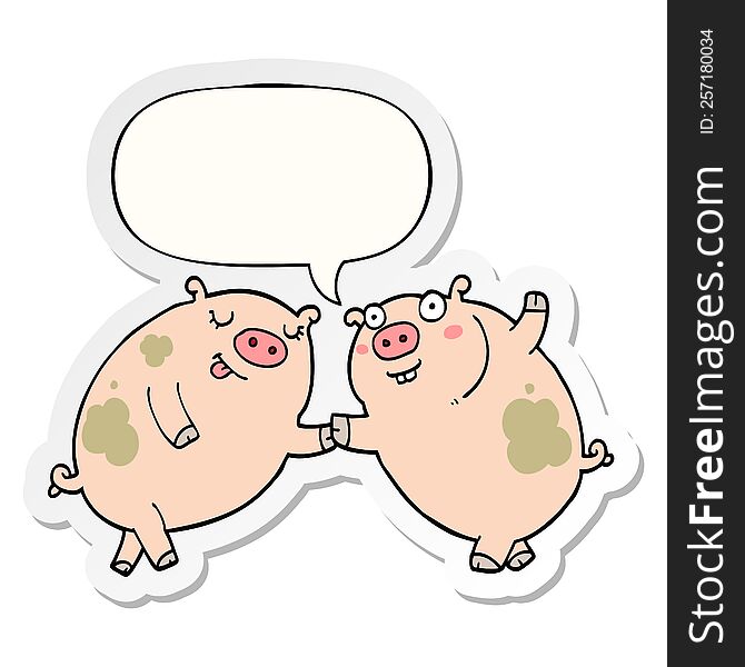 cartoon pigs dancing and speech bubble sticker