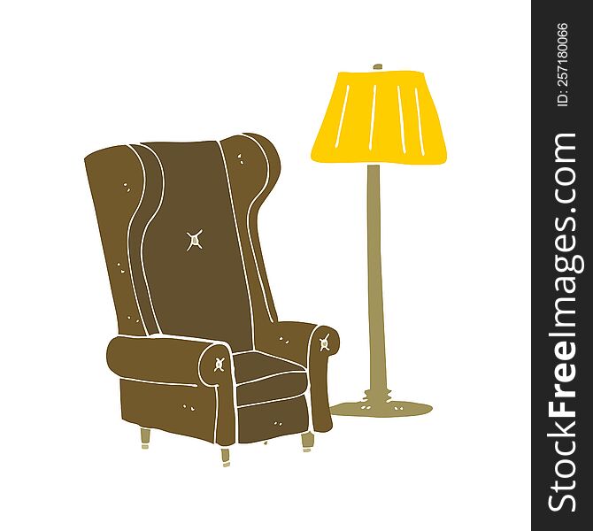 flat color illustration of a cartoon lamp and old chair