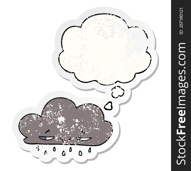 cartoon rain cloud with thought bubble as a distressed worn sticker