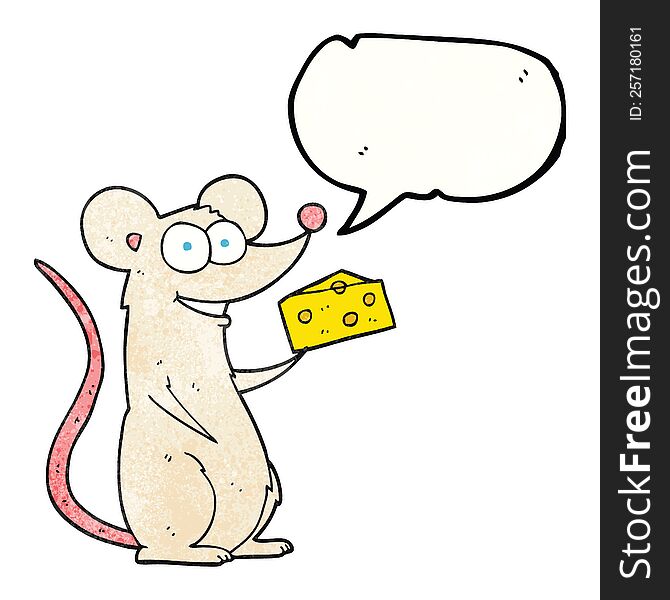 freehand speech bubble textured cartoon mouse with cheese