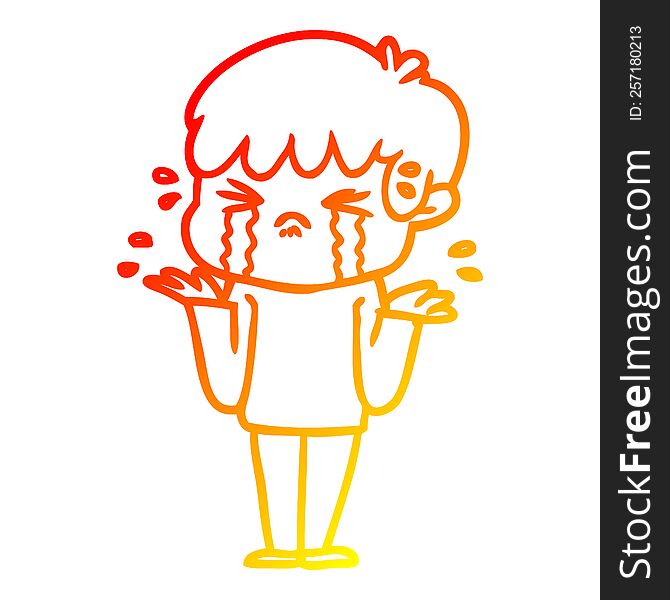 Warm Gradient Line Drawing Cartoon Boy Crying And Shrugging Shoulders