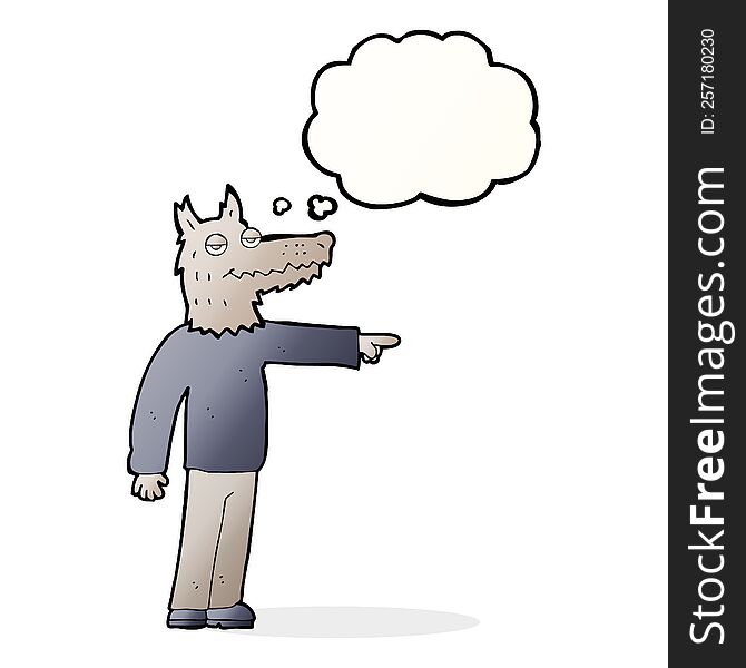 Cartoon Wolf Man Pointing With Thought Bubble