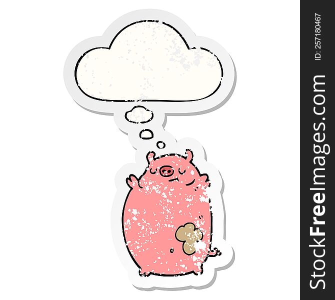 cartoon fat pig with thought bubble as a distressed worn sticker