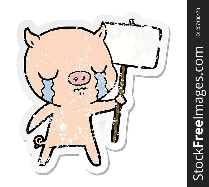 distressed sticker of a cartoon crying pig with sign post