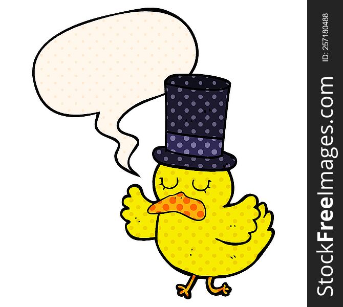 cartoon duck wearing top hat with speech bubble in comic book style