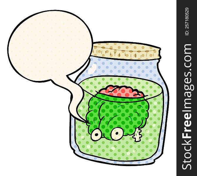 cartoon spooky brain floating in jar with speech bubble in comic book style
