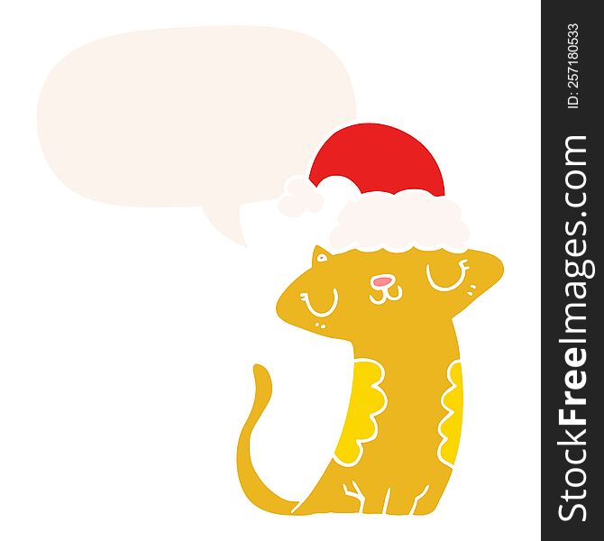 cute cartoon cat wearing christmas hat and speech bubble in retro style