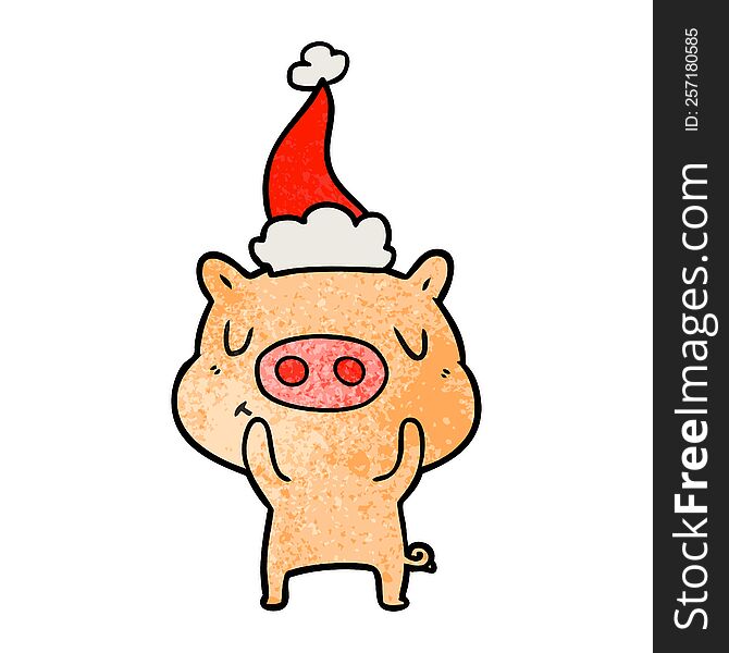 Textured Cartoon Of A Content Pig Wearing Santa Hat