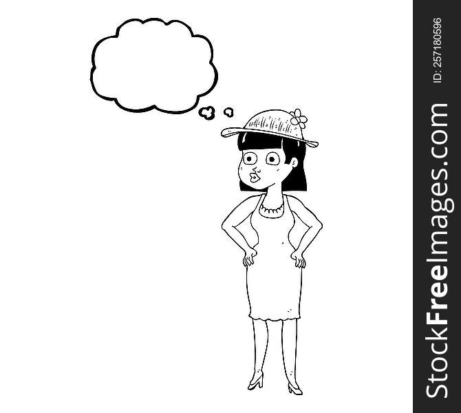 freehand drawn thought bubble cartoon woman wearing sun hat
