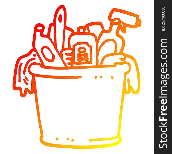 warm gradient line drawing of a cartoon house cleaning products
