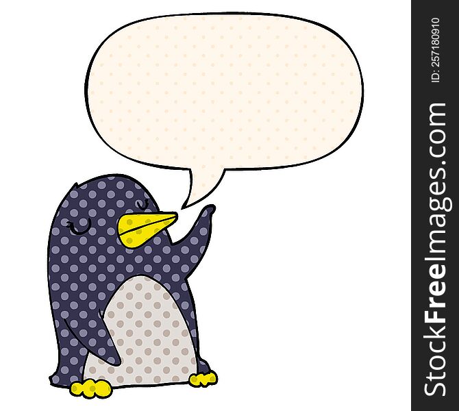 cartoon penguin with speech bubble in comic book style