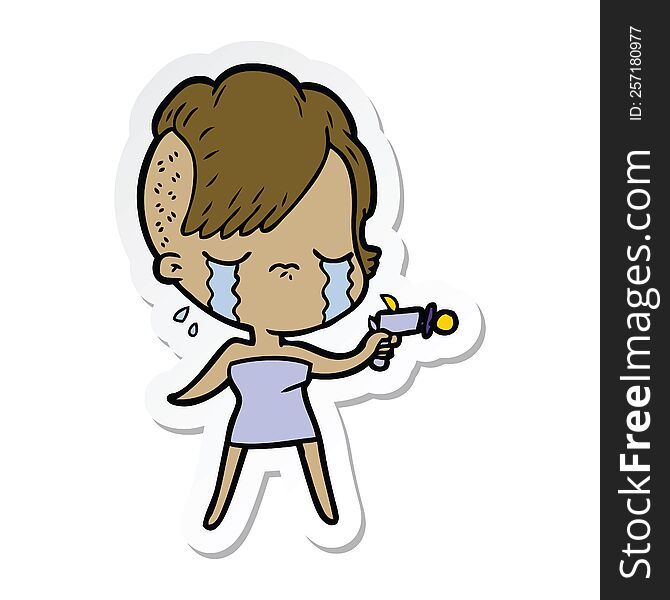 sticker of a cartoon crying girl pointing ray gun