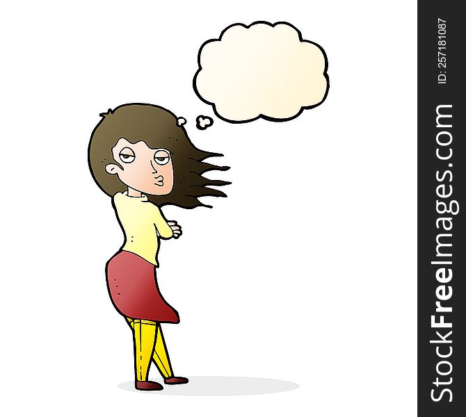 cartoon woman making photo face with thought bubble