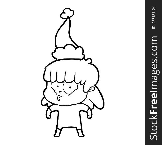 hand drawn line drawing of a whistling girl wearing santa hat