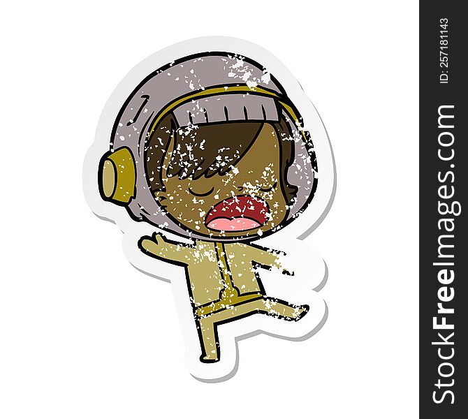 Distressed Sticker Of A Cartoon Talking Astronaut Woman