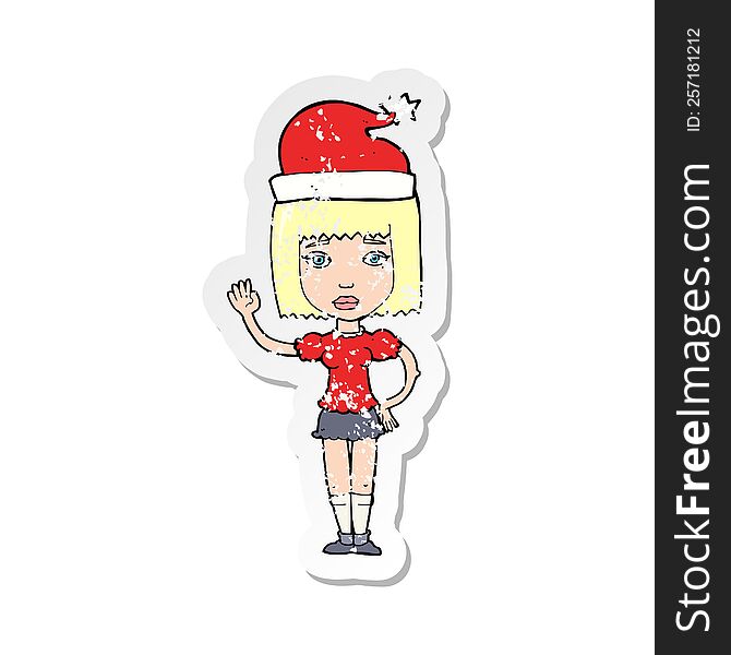 Retro Distressed Sticker Of A Cartoon Woman Ready For Christmas