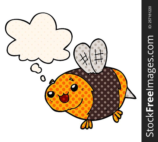 funny cartoon bee with thought bubble in comic book style