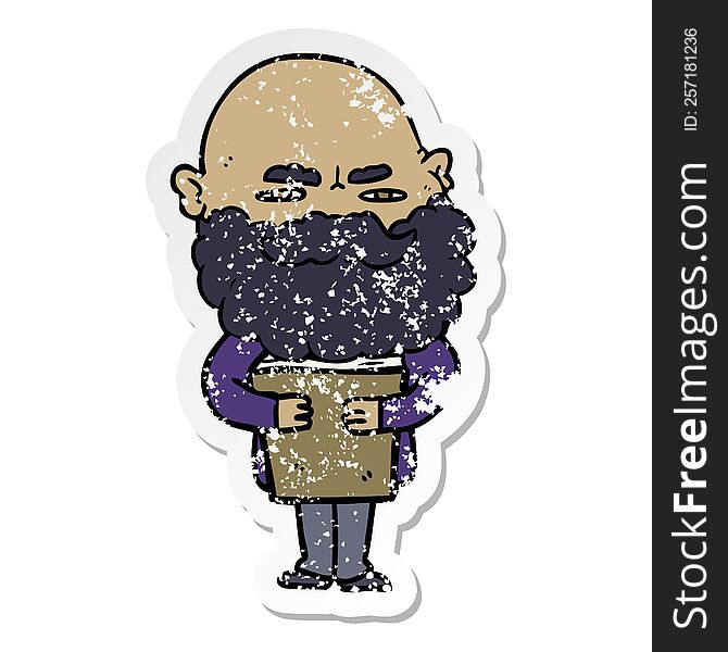 Distressed Sticker Of A Cartoon Man With Beard Frowning