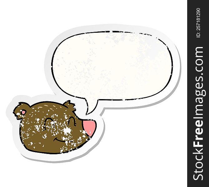 cartoon happy bear face and speech bubble distressed sticker