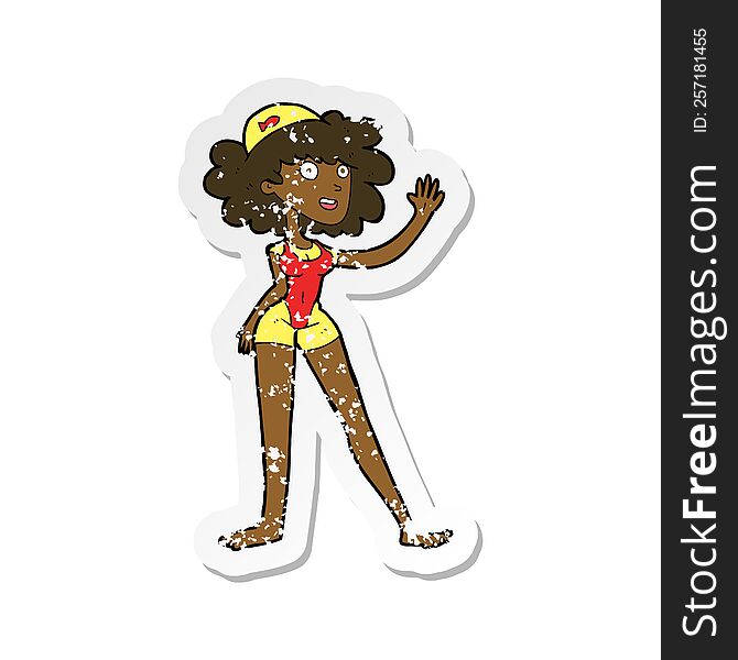 Retro Distressed Sticker Of A Cartoon Swimmer Woman