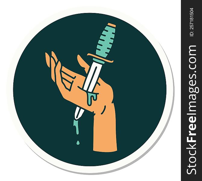sticker of tattoo in traditional style of a dagger in the hand. sticker of tattoo in traditional style of a dagger in the hand