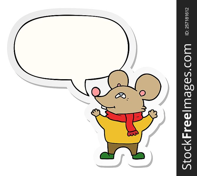 Cartoon Mouse Wearing Scarf And Speech Bubble Sticker