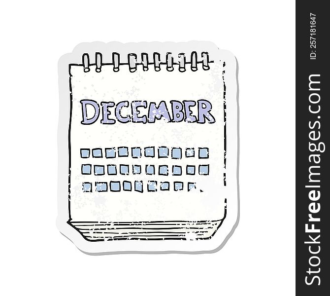 retro distressed sticker of a cartoon calendar showing month of December