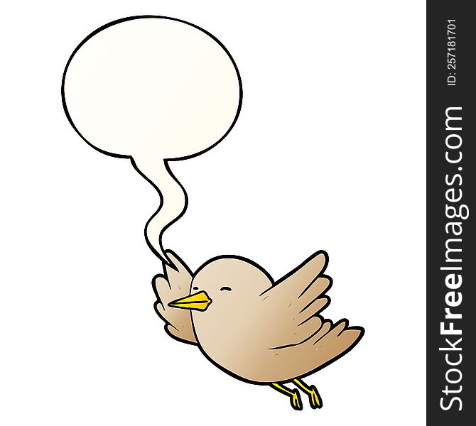 cartoon bird flying with speech bubble in smooth gradient style