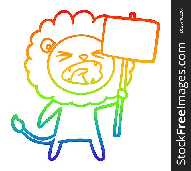 rainbow gradient line drawing of a cartoon lion with protest sign