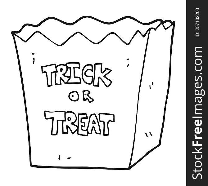 freehand drawn black and white cartoon trick or treat bag