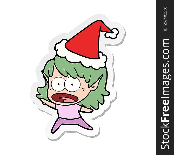 hand drawn sticker cartoon of a shocked elf girl wearing santa hat