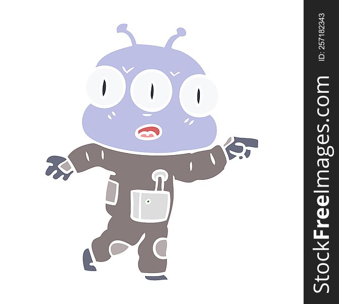 flat color style cartoon three eyed alien pointing