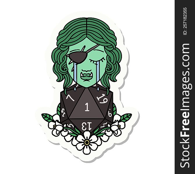 sticker of a crying half orc rogue character with natural one D20 roll. sticker of a crying half orc rogue character with natural one D20 roll