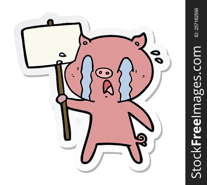 sticker of a crying pig cartoon with protest sign