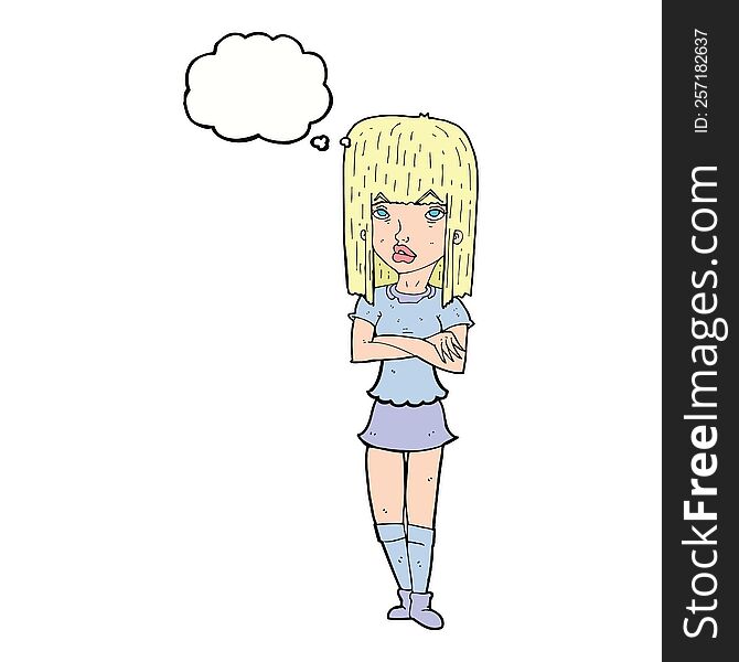 Cartoon Girl With Crossed Arms With Thought Bubble