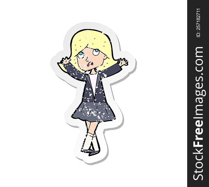 retro distressed sticker of a cartoon unhappy girl