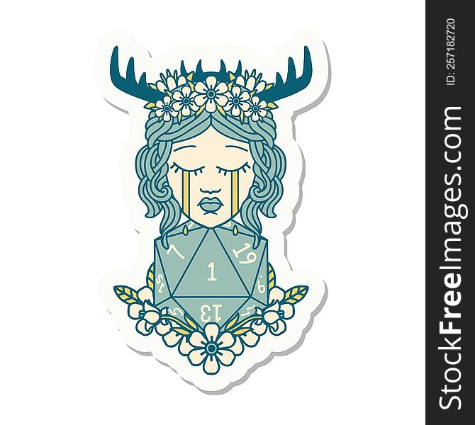 sticker of a crying human druid with natural one D20 roll. sticker of a crying human druid with natural one D20 roll