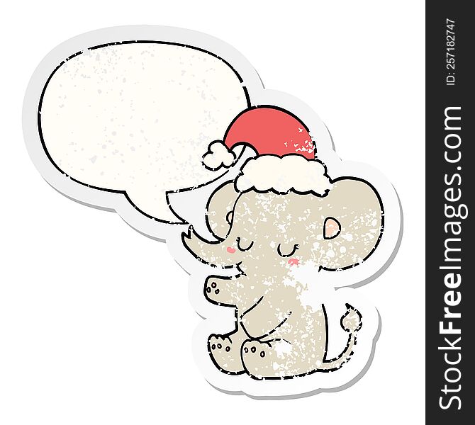 cute christmas elephant with speech bubble distressed distressed old sticker. cute christmas elephant with speech bubble distressed distressed old sticker