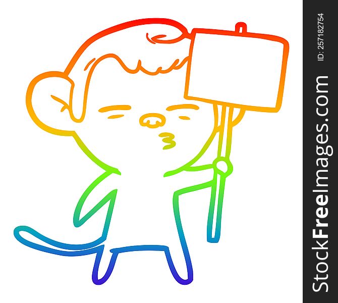 rainbow gradient line drawing of a cartoon suspicious monkey with signpost