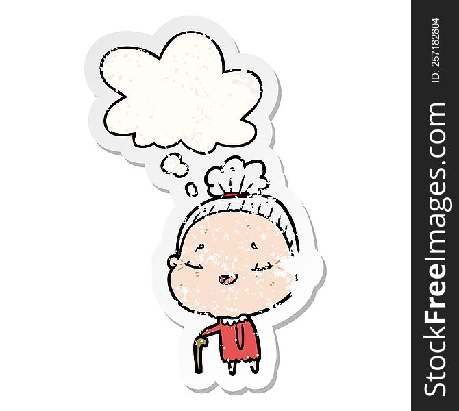 cartoon old lady with thought bubble as a distressed worn sticker