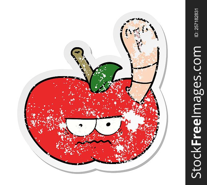 distressed sticker of a cartoon worm eating an angry apple