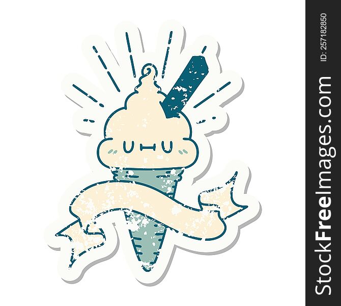 worn old sticker of a tattoo style ice cream character. worn old sticker of a tattoo style ice cream character