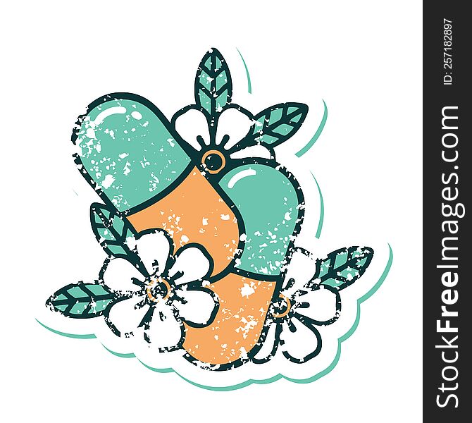 iconic distressed sticker tattoo style image of pills and flowers. iconic distressed sticker tattoo style image of pills and flowers