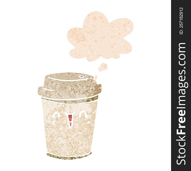 Cartoon Take Out Coffee And Thought Bubble In Retro Textured Style