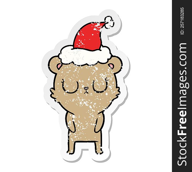 peaceful hand drawn distressed sticker cartoon of a bear wearing santa hat. peaceful hand drawn distressed sticker cartoon of a bear wearing santa hat